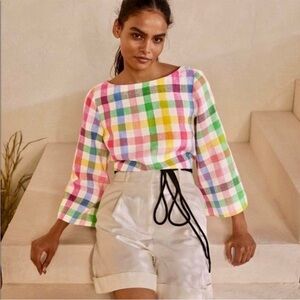 Boden Womens Laurie Linen Blouse Shirt MultiColor Plaid 3/4 Sleeve